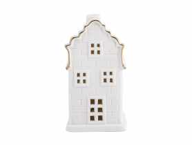 Świecznik ceramiczny świąteczny LED domek biały ze złotą linią 12,5 cm ALTOMDESIGN