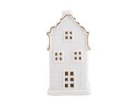Zdjęcie: Świecznik ceramiczny świąteczny LED domek biały ze złotą linią 12,5 cm ALTOMDESIGN