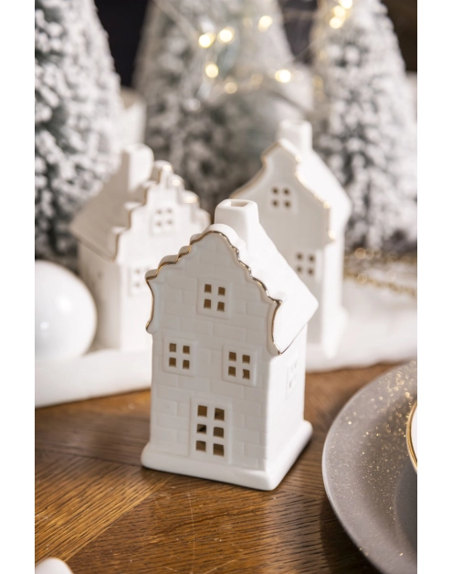 Zdjęcie: Świecznik ceramiczny świąteczny LED domek biały ze złotą linią 12,5 cm ALTOMDESIGN