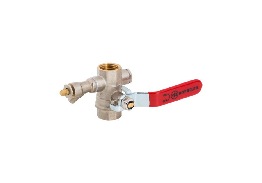 Zdjęcie: Zawór kulowy nakrętno-nakrętny z zaworkiem odpowietrzająco-spustowym, korkiem i dźwignią 1/2" KFA