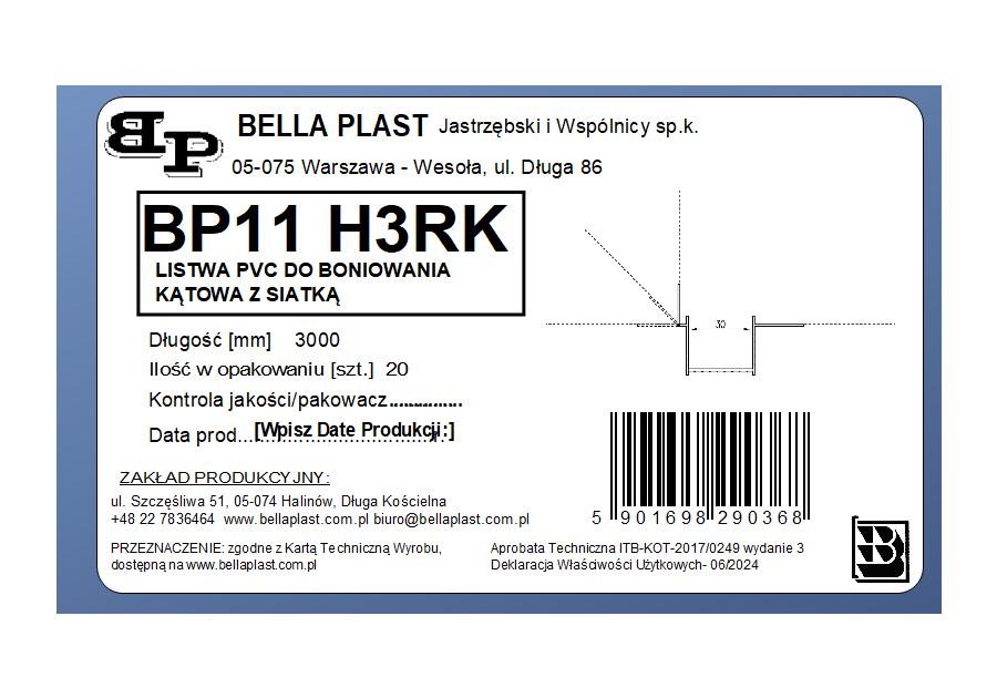 Zdjęcie: Listwa do boniowania PVC kątowa z siatką BP11 H3RK L300 biała BELLA PLAST