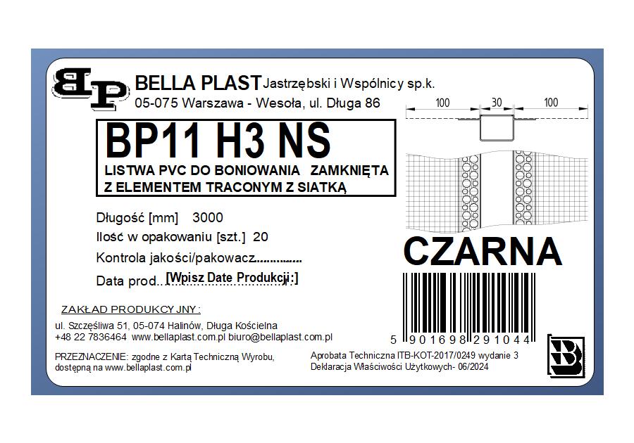 Zdjęcie: Listwa do boniowania PVC z siatką, zamknięta z elementem traconym BP11 H3NS L300 czarny BELLA PLAST