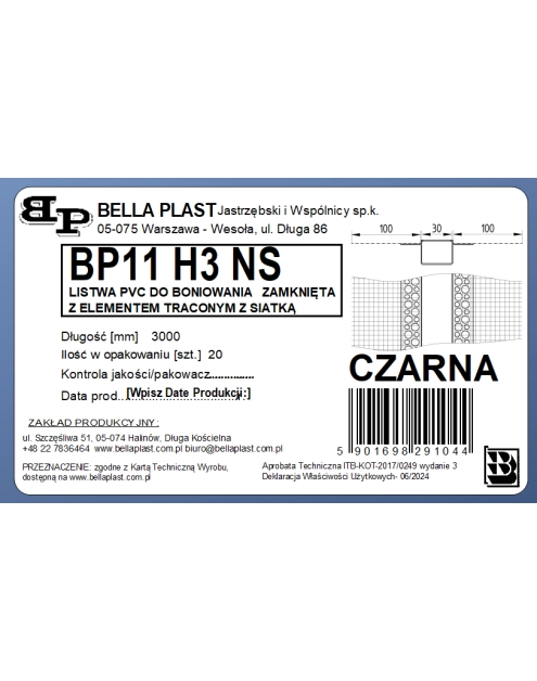 Zdjęcie: Listwa do boniowania PVC z siatką, zamknięta z elementem traconym BP11 H3NS L300 czarny BELLA PLAST