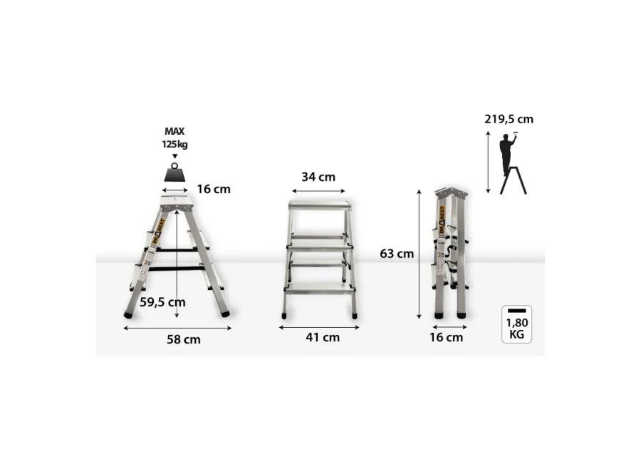 Zdjęcie: Drabina aluminiowa dwustronna 2x3 stopnie 125 kg DRABEST