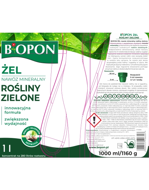 Zdjęcie: Żel nawóz mineralny do roślin zielonych 1 L BOPON