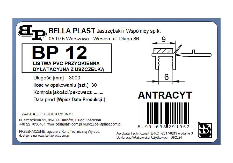 Zdjęcie: Listwa PVC BP12 L300 9/6 antracyt, przyokienna, dylatacyjna, tynkarska z uszczelką BELLA PLAST