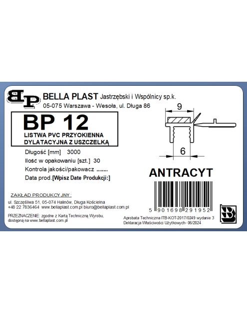 Zdjęcie: Listwa PVC BP12 L300 9/6 antracyt, przyokienna, dylatacyjna, tynkarska z uszczelką BELLA PLAST