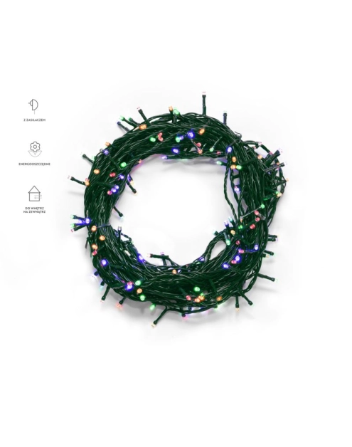 Zdjęcie: Lampki choinkowe LED 4,95 m multikolor 100 lampek zielony przewód BULINEX