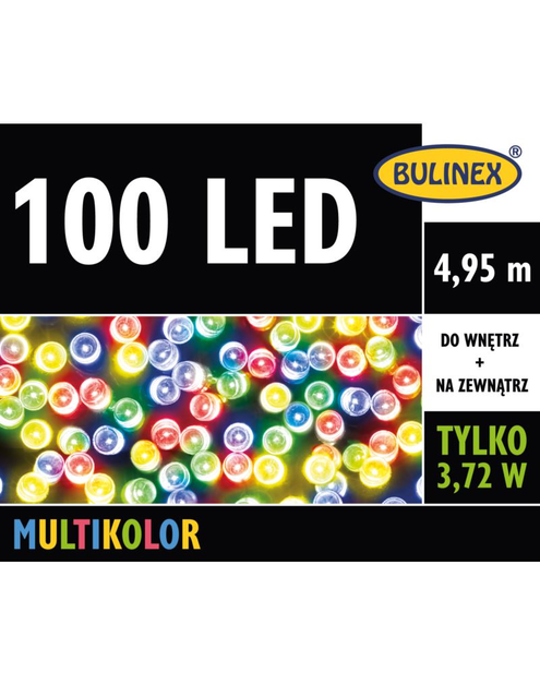 Zdjęcie: Lampki choinkowe LED 4,95 m multikolor 100 lampek zielony przewód BULINEX