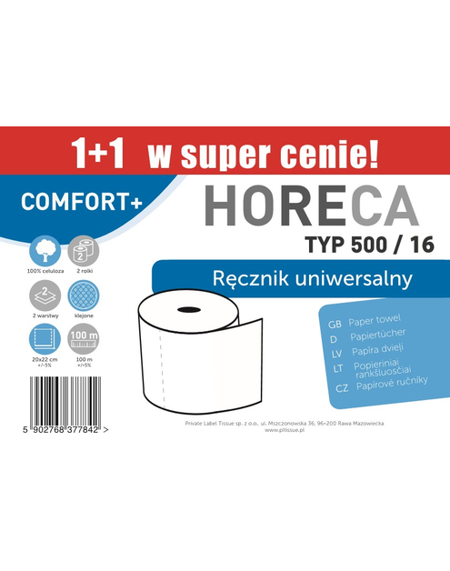 Zdjęcie: Ręcznik papierowy typ 500/16 2W (1+1) 2 rolki HORECA COMFORT+