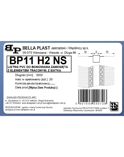 Zdjęcie: Listwa do boniowania PVC z siatką, zamknięta z elementem traconym BP11 H2NS L300 biała BELLA PLAST