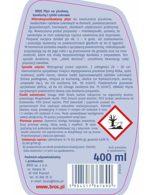 Zdjęcie: Preparat na pluskwy i rybiki cukrowe 400 ml BROS