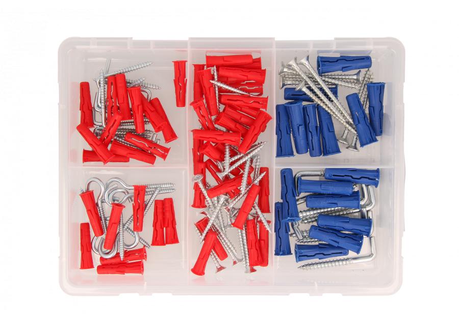 Zdjęcie: Zestaw kołków uniwersalnych UNO 6x28 mm 8x32 mm z wkrętami i hakami 124 elementy RAWLPLUG