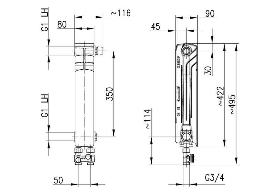 Zdjęcie: Element grzejnika G500F D/1 prawy z zespołem przyłączeniowym prostym KFA