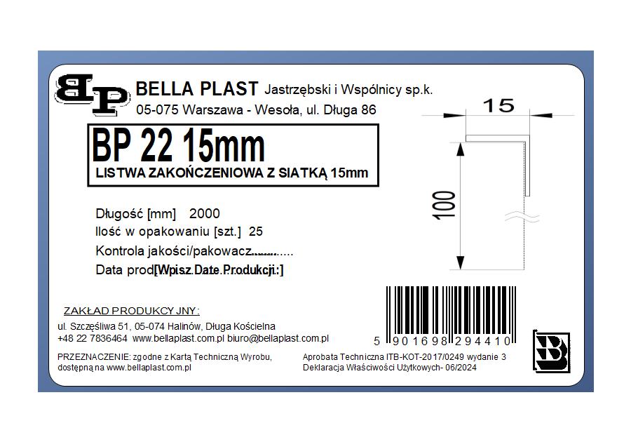 Zdjęcie: Listwa PVC zakończeniowa z siatką BP22 L200 15 mm biała BELLA PLAST