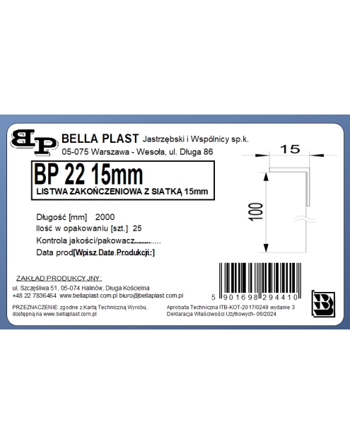 Zdjęcie: Listwa PVC zakończeniowa z siatką BP22 L200 15 mm biała BELLA PLAST