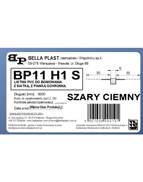 Zdjęcie: Listwa do boniowania PVC z siatką BP11 H1S L300 szary ciemny BELLA PLAST