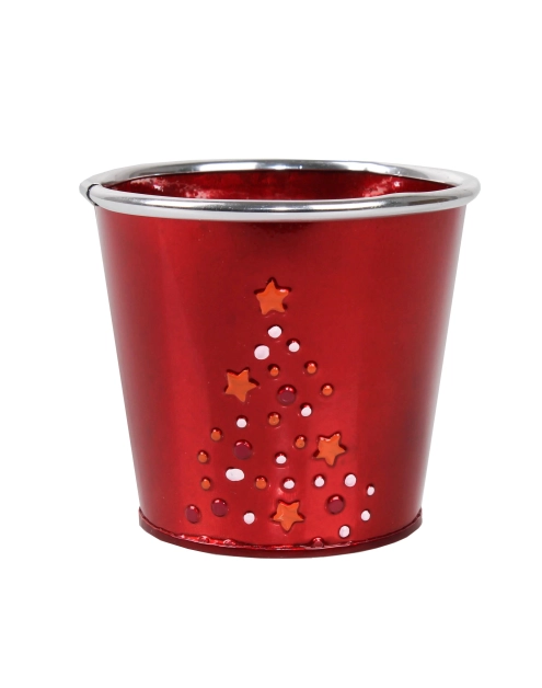 Zdjęcie: Osłonka doniczkowa metalowa z choinką 11x11x10 cm czerwona świąteczna TIN TOURS