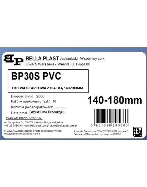 Zdjęcie: Listwa PVC startowa regulowana okapnikowa z siatką BP30 S 140-180 L200 biała BELLA PLAST