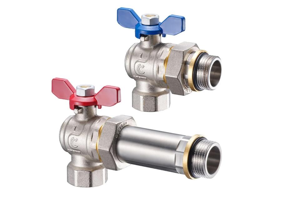 Zdjęcie: Zawór kulowy kątowy 1" w/z z półśrubunkiem i czerwonym motylkiem do rozdzielacza CALIDO