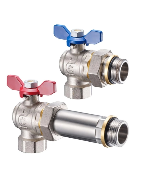 Zdjęcie: Zawór kulowy kątowy 1" w/z z półśrubunkiem i czerwonym motylkiem do rozdzielacza CALIDO