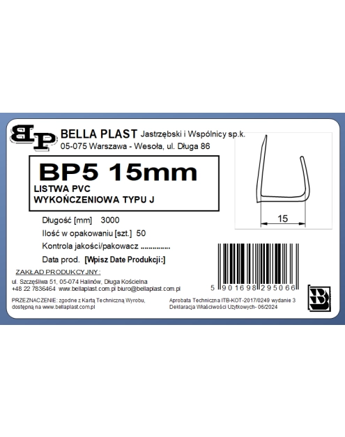 Zdjęcie: Listwa PVC wykończeniowa typu J - BP5 9 mm L300 biała BELLA PLAST