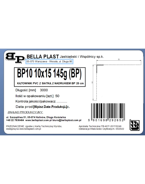 Zdjęcie: Kątownik prosty z siatką BP10 L300 25 cm BELLA PLAST