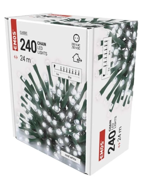 Zdjęcie: Lampki choinkowe Classic 240 LED 24 m zimna biel, zielony przewód, IP44, timer EMOS