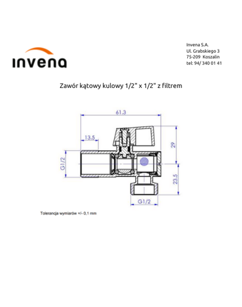 Zdjęcie: Zawór kątowy kulowy 1/2x1/2 z filtrem INVENA