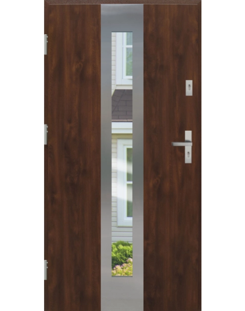Zdjęcie: Drzwi zewnętrzne stalowo-drewniane Disting Otello 05 Orzech 90 cm lewe zamek listwowy KR CENTER