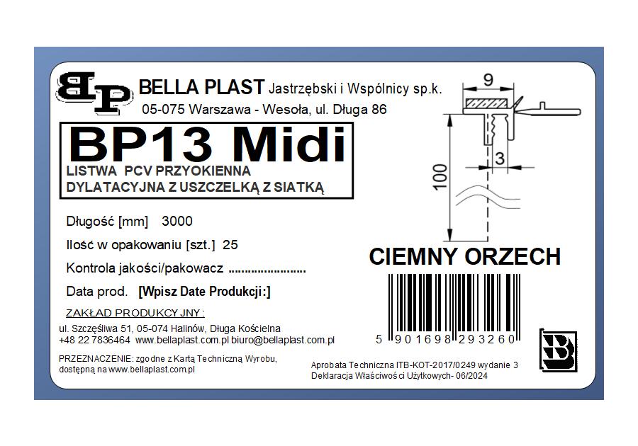 Zdjęcie: Listwa PVC BP13 Midi L300 9/3 orzech ciemny, z siatką i z uszczelką BELLA PLAST