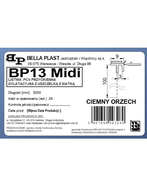 Zdjęcie: Listwa PVC BP13 Midi L300 9/3 orzech ciemny, z siatką i z uszczelką BELLA PLAST
