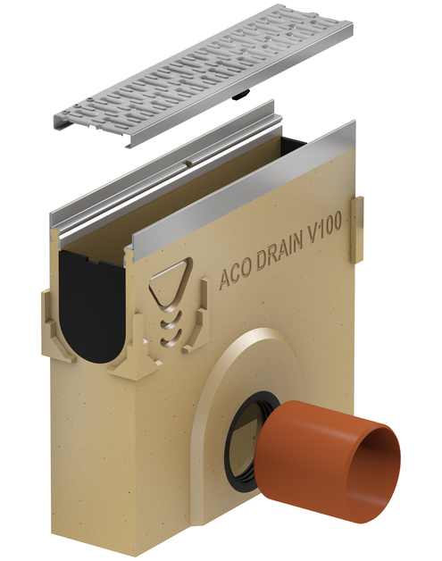 Zdjęcie: Skrzynka odpływowa z polimerobetonu fi 110 krawędzie ze stali ocynkowanej Mulitline V100 ACO