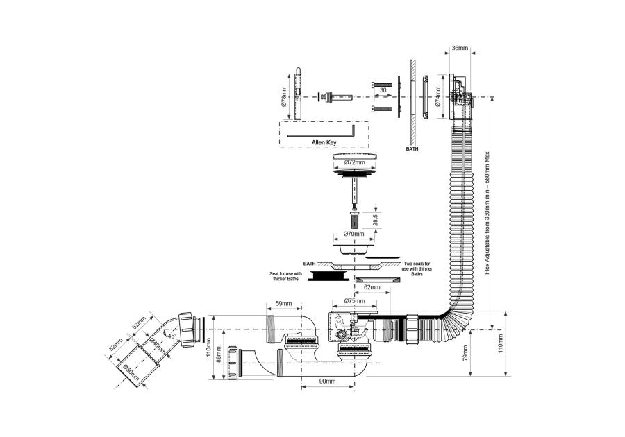 Zdjęcie: Zestaw odpływowo-przelewowy wannowy z odejściem 40/50 mm pokrętło mosiądz chrom MCALPINE