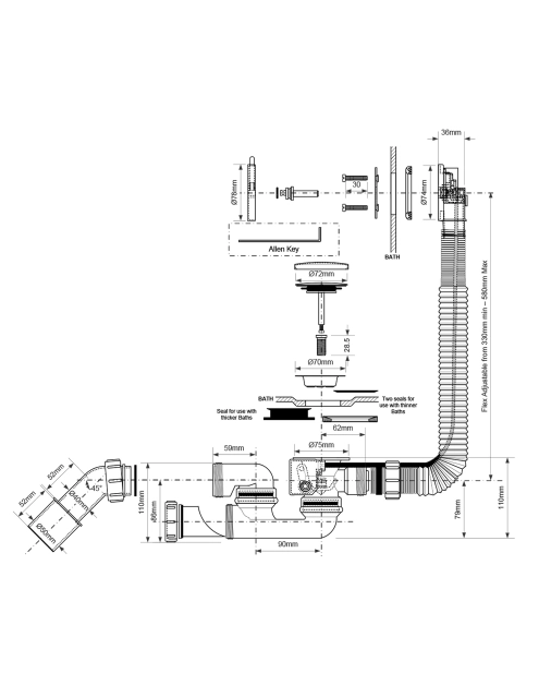 Zdjęcie: Zestaw odpływowo-przelewowy wannowy z odejściem 40/50 mm pokrętło mosiądz chrom MCALPINE