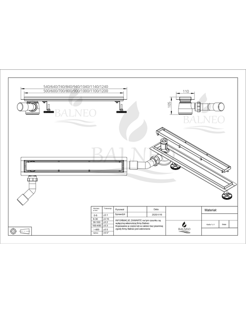 Zdjęcie: Odpływ liniowy z bocznym syfonem Side Drain (pod płytkę / Virgin) 60 cm BALNEO