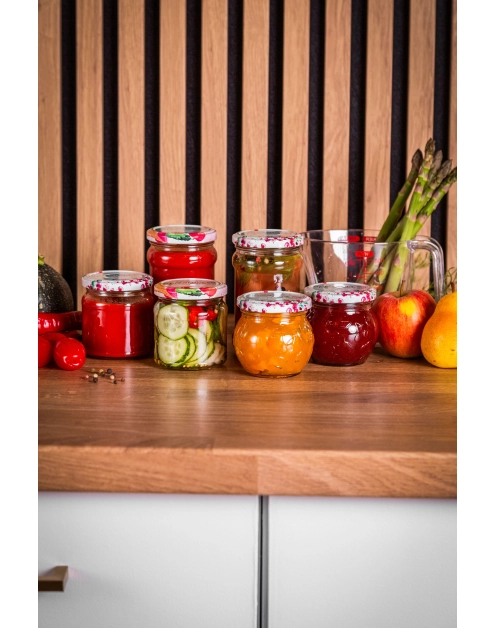 Zdjęcie: Komplet 6 słoików Spiżarnia Pani Domu grawerowanych 215 ml z zakrętką fi 66 4-zaczepową ALTOM DESIGN