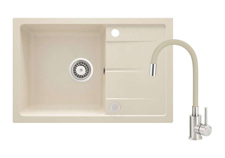 Zdjęcie: Zestaw zlew granitowy ZRD 5113 beż, bateria gięta 5720 DEANTE