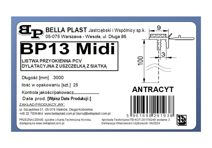 Zdjęcie: Listwa PVC BP13 Midi L300 9/3 antracyt, dylatacyjna, z siatką i z uszczelką BELLA PLAST