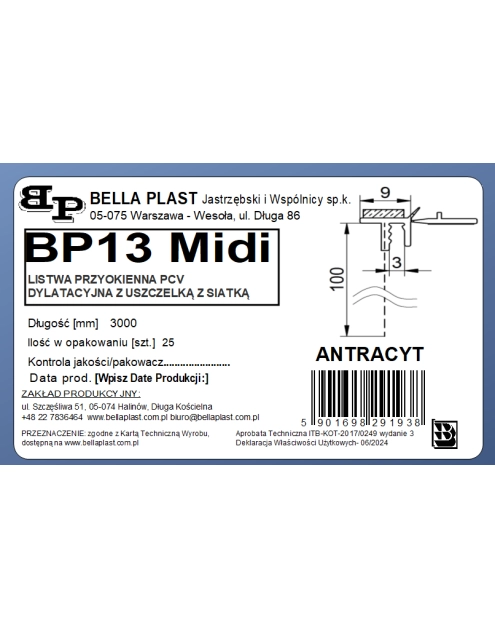 Zdjęcie: Listwa PVC BP13 Midi L300 9/3 antracyt, dylatacyjna, z siatką i z uszczelką BELLA PLAST