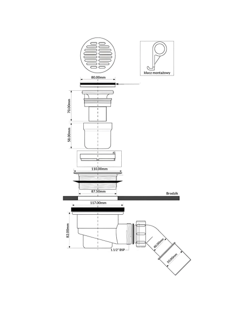 Zdjęcie: Syfon brodzikowy wys .80 mm z odejściem 40/50 mm pokrywa mosiądz chrom 113 mm MCALPINE