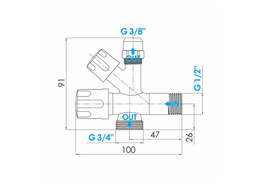 Zdjęcie: Zawór kątowy grzybkowy 1/2x3/4x3/8 z nakrętką TECRA