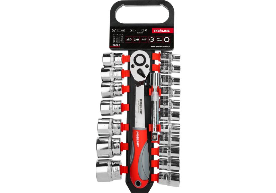 Zdjęcie: Zestaw 20 szt. nasadek, CRV, 1/2", 8-32mm, przedłużka PROLINE