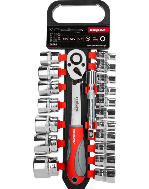 Zdjęcie: Zestaw 20 szt. nasadek, CRV, 1/2", 8-32mm, przedłużka PROLINE