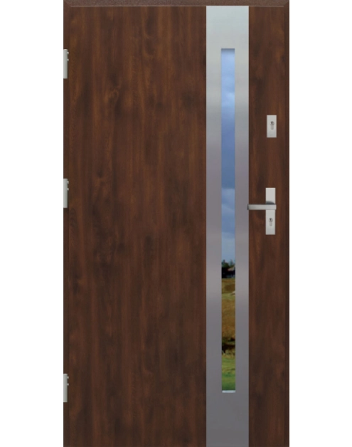 Zdjęcie: Drzwi zewnętrzne stalowo-drewniane Disting Otello 08B Orzech 90 cm lewe zamek listwowy KR CENTER