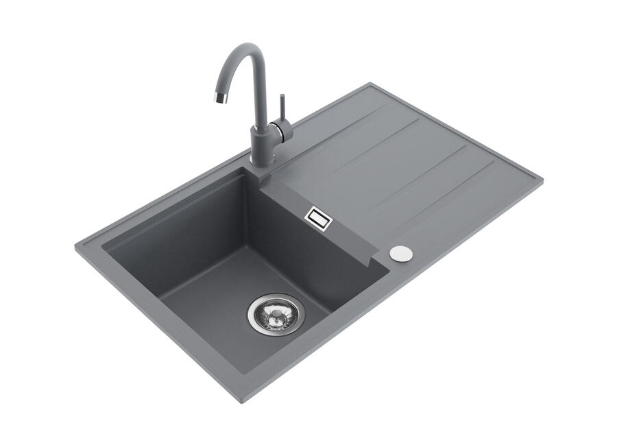 Zdjęcie: Zlewozmywak granitowy Fashion 1-komorowy z ociekaczem 78x50x21,5 cm szary z baterią MILÓ