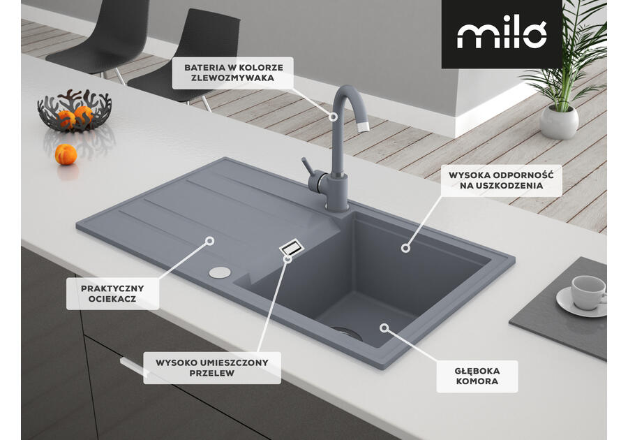 Zdjęcie: Zlewozmywak granitowy Fashion 1-komorowy z ociekaczem 78x50x21,5 cm szary z baterią MILÓ