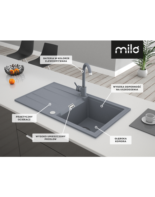 Zdjęcie: Zlewozmywak granitowy Fashion 1-komorowy z ociekaczem 78x50x21,5 cm szary z baterią MILÓ