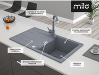 Zdjęcie: Zlewozmywak granitowy Fashion 1-komorowy z ociekaczem 78x50x21,5 cm szary z baterią MILÓ