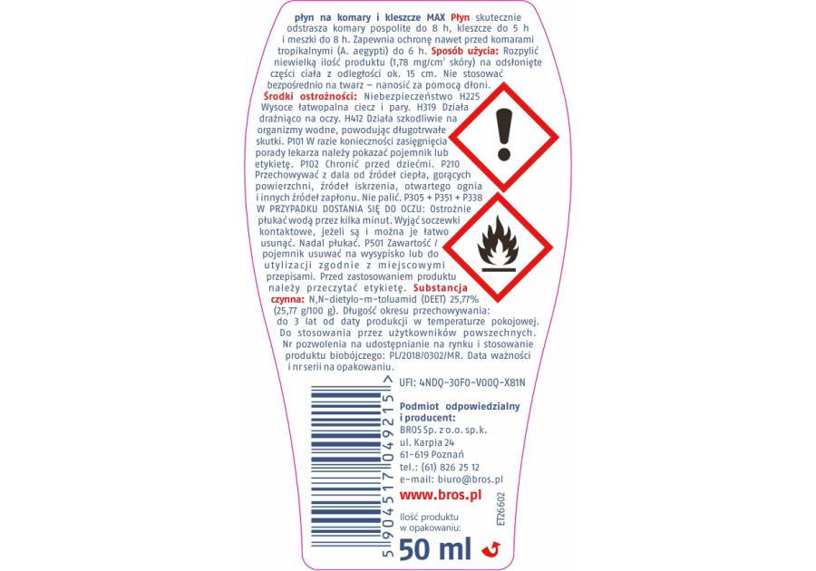 Zdjęcie: Płyn na komary i kleszcze max 50 ml BROS
